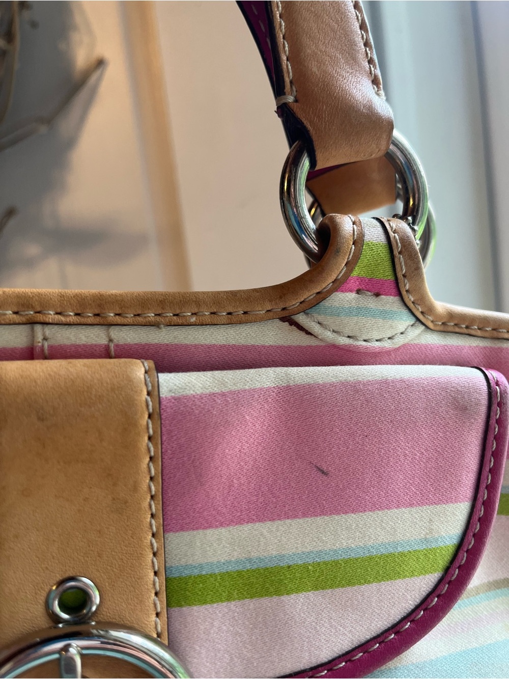 Coach Pink, Cream & Green Striped Soho Shoulder Bag with Tan Trim - Picture 4 of 8